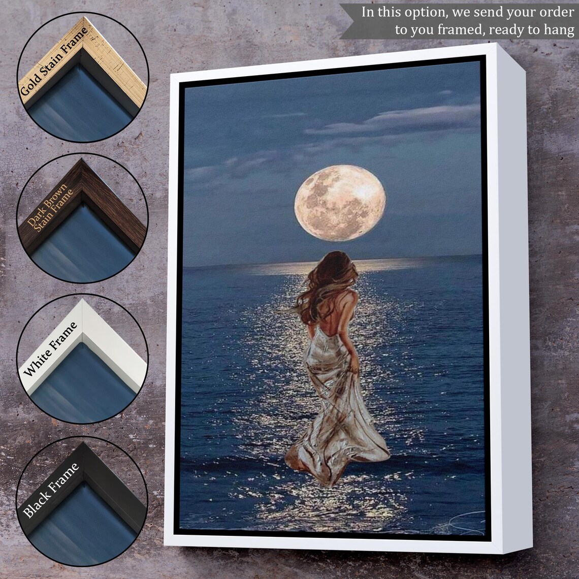 Woman In White Dress Walking Into Moonlit Ocean Night Art Poster - Image 3