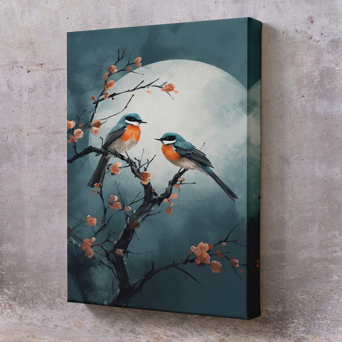 Two Songbirds Blossom Branches Full Moon Teal Night Painting Poster