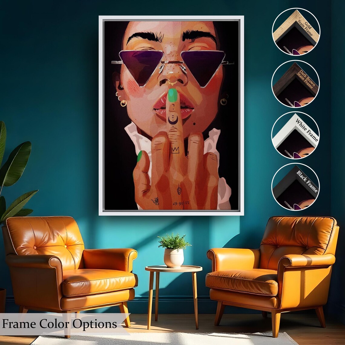 Stylized Woman In Triangle Sunglasses Making Shh Gesture Pop Art Poster - Image 2
