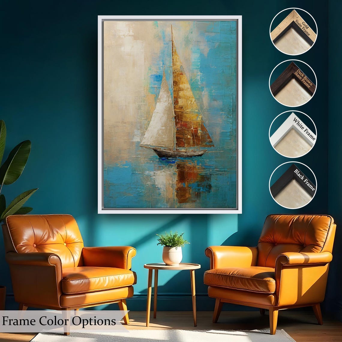 Sailboat Turquoise Sea Abstract Textured Gold Sails Nautical Poster - Image 2