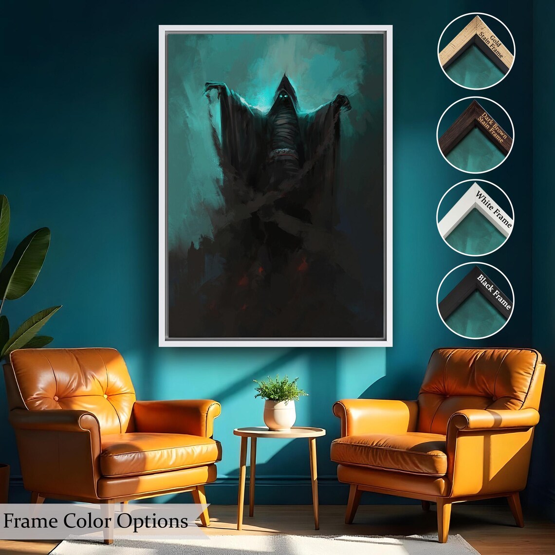 Dark Hooded Spirit With Glowing Eyes In Teal Mist Gothic Halloween Poster - Image 2