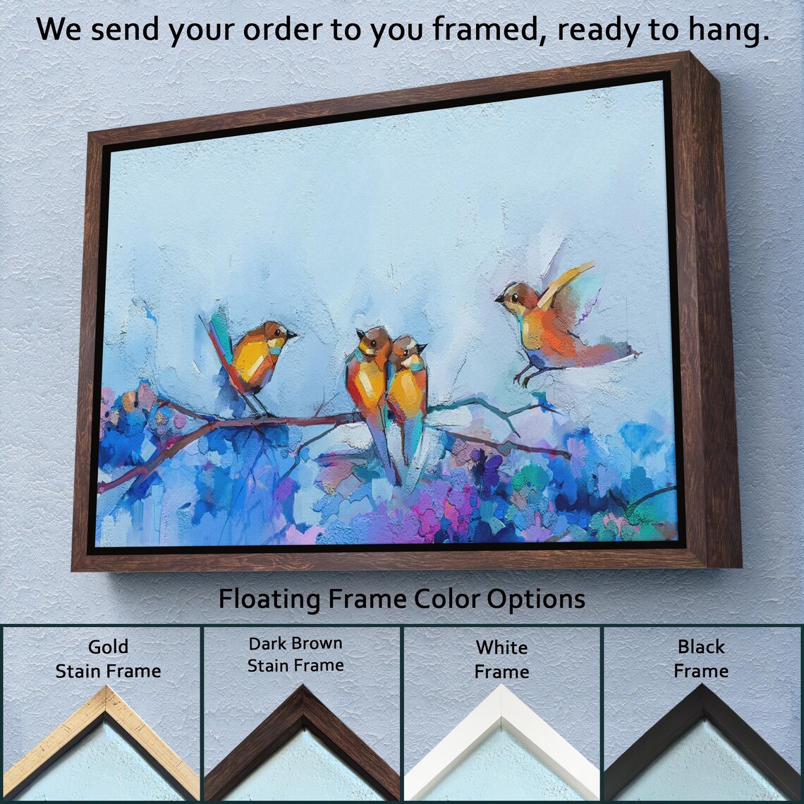 Colorful Birds On Branch Spring Blossom Watercolor Art Poster - Image 3