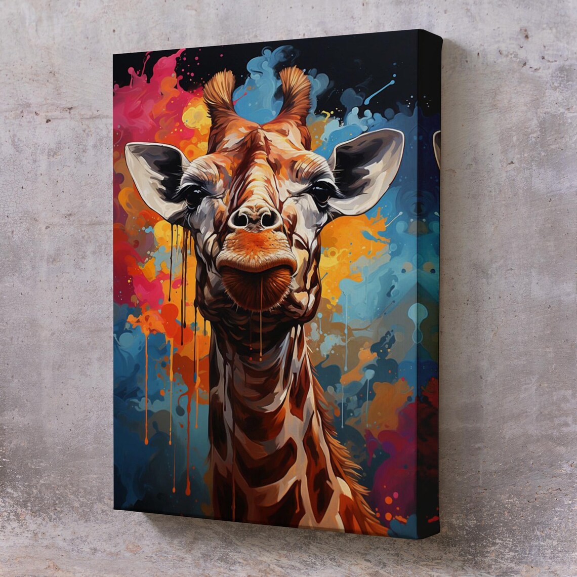 Giraffe Close Up Portrait On Colorful Paint Splatter Background Wall Art