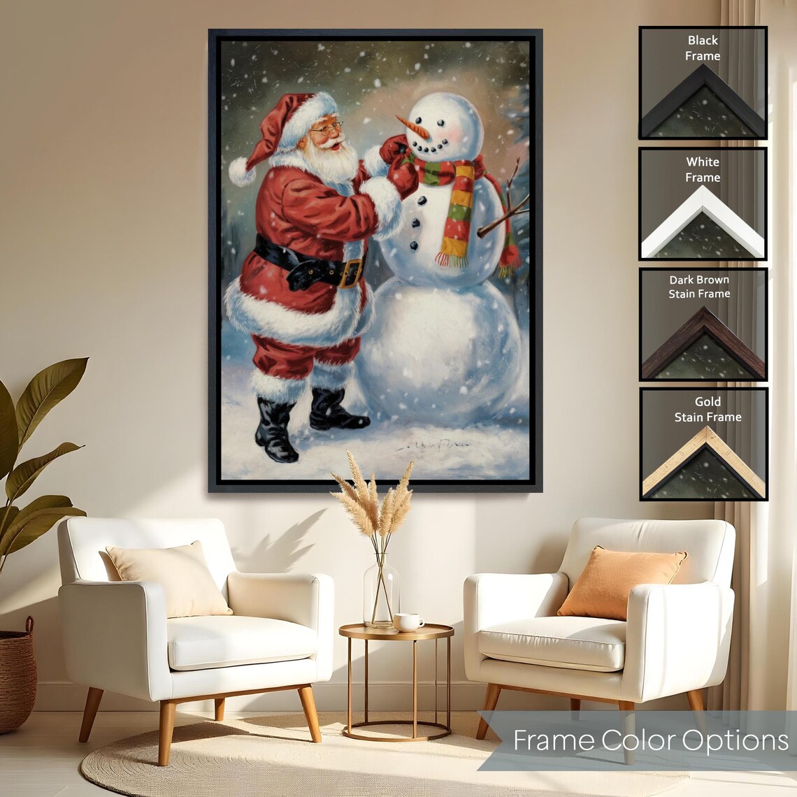 Santa Claus Building Snowman Winter Night Cheerful Christmas Poster - Image 2