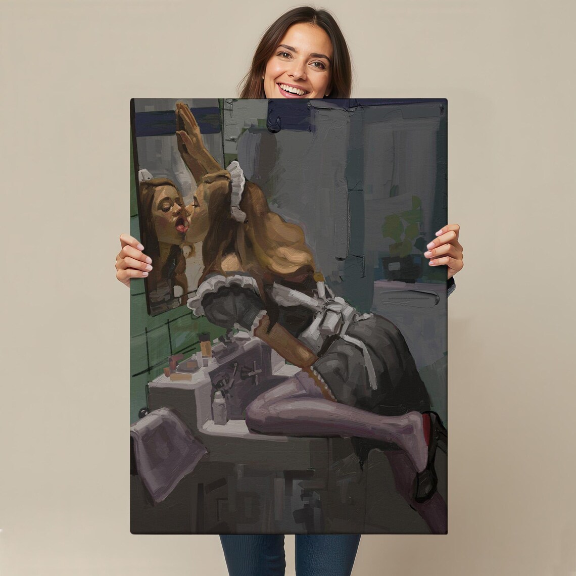 Maid Girl Kissing Mirror Sultry Pin-Up Style Painting Poster - Image 4