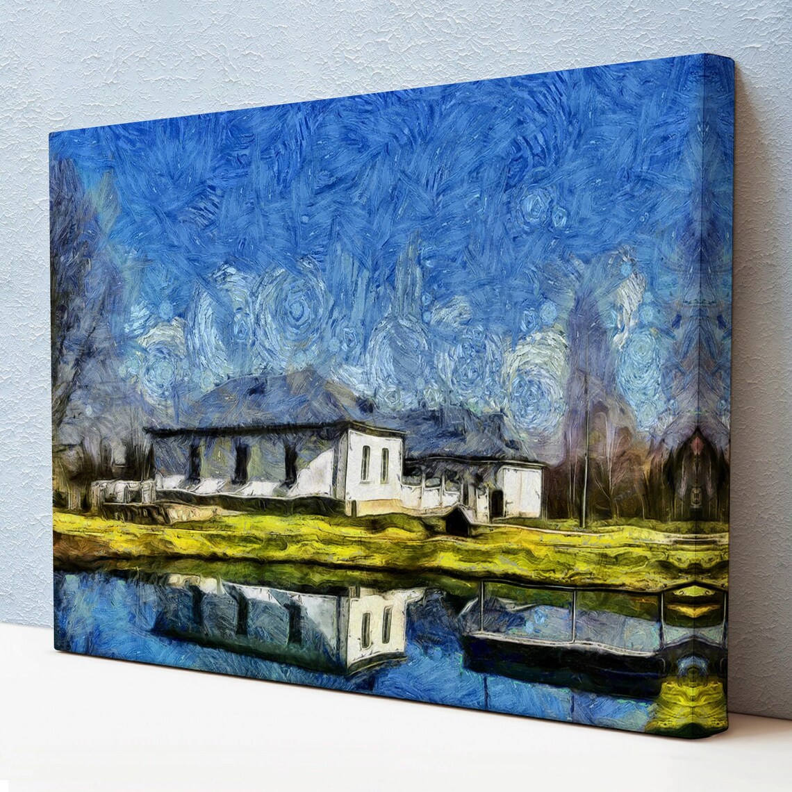 Starry Night Swirling Sky White House By The Lake Art Print Poster