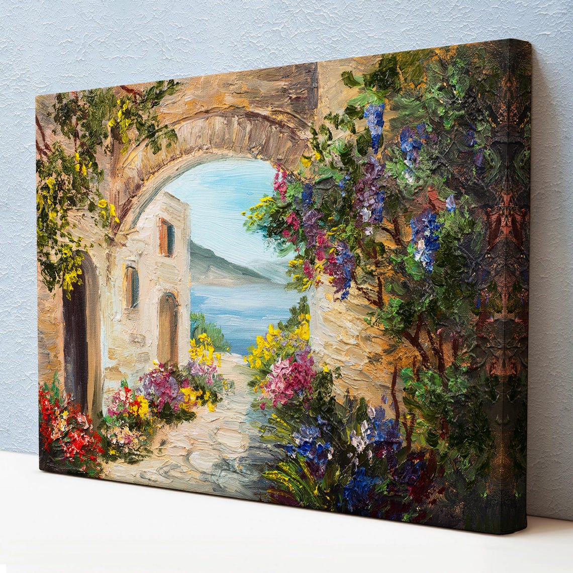 Mediterranean Stone Archway Flowering Vines Sea View Painting Poster