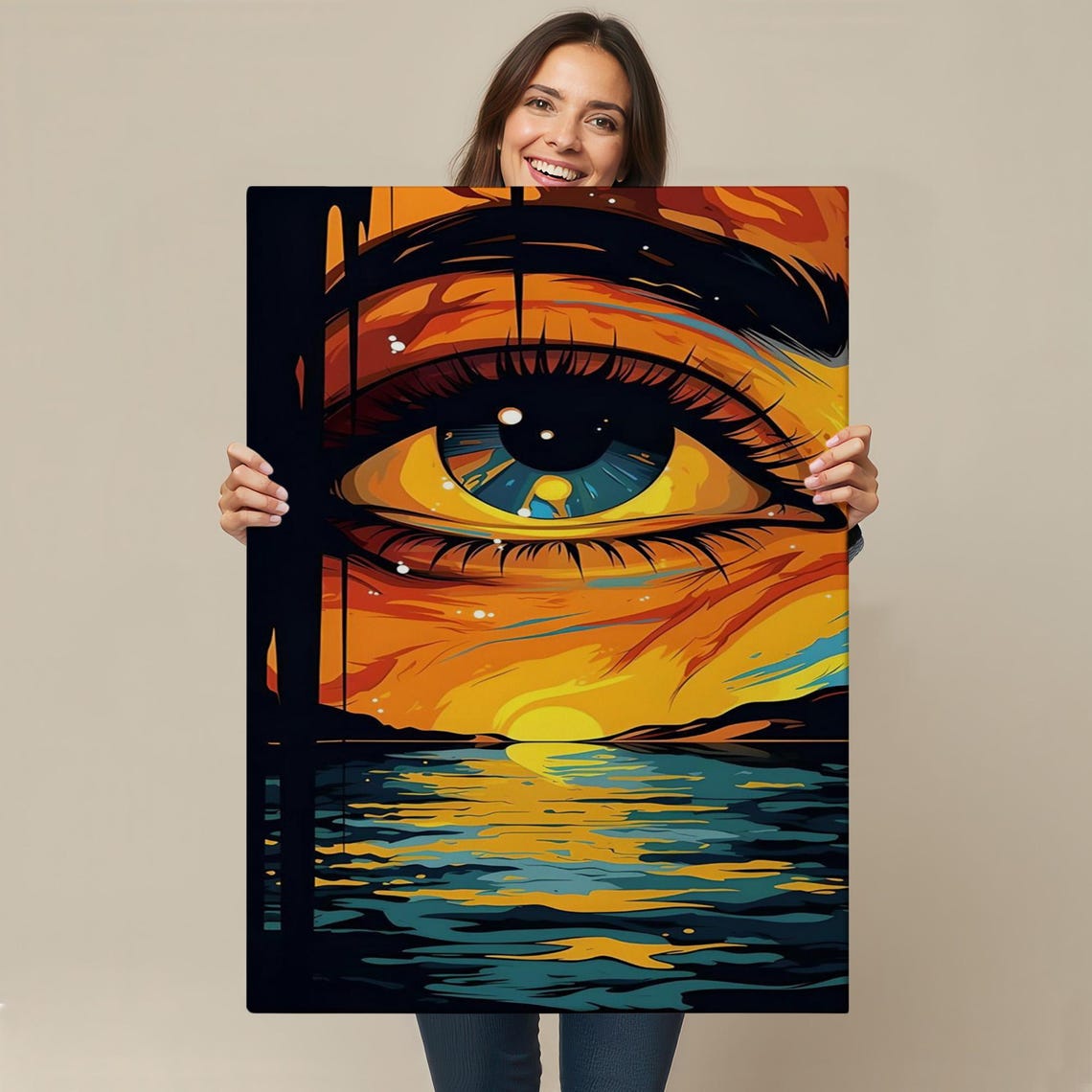 Giant Eye Over Ocean Sunset Surreal Orange Blue Pop Art Poster - Image 4
