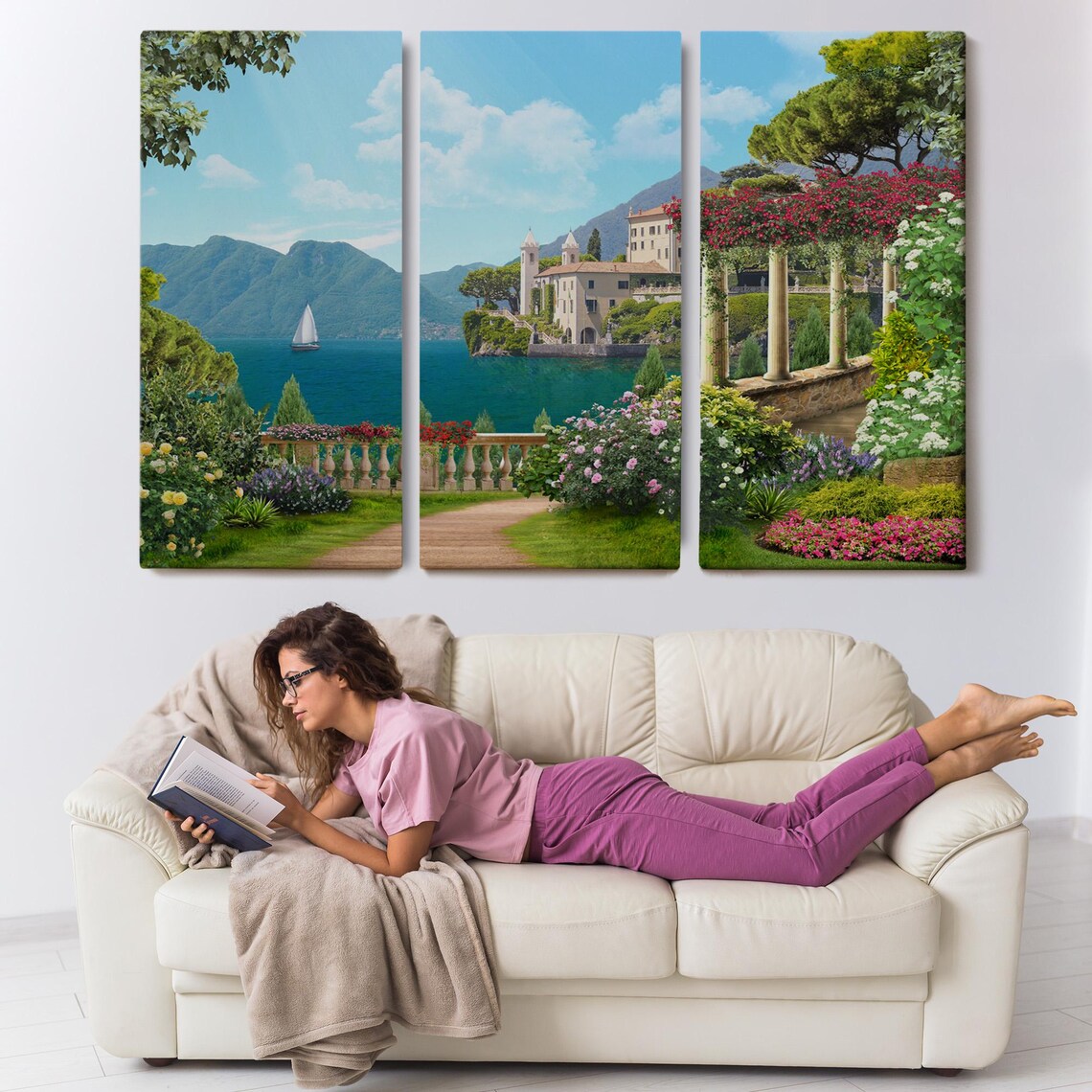 Italian Lakeside Villa Flower Garden Sailboat Lake View Travel Poster - Image 3