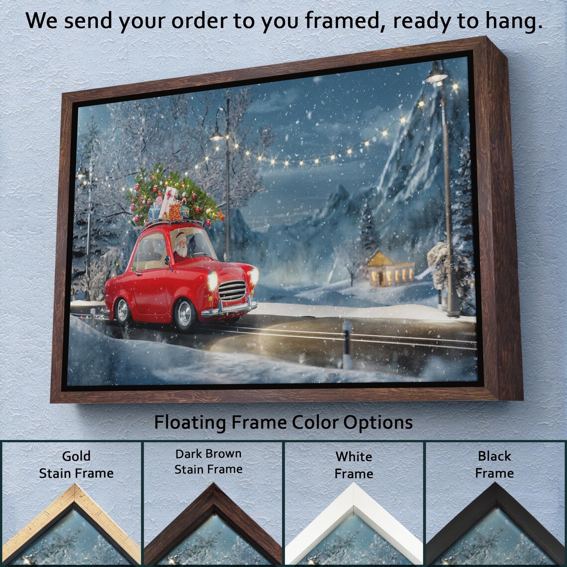 Santa Claus Driving Red Vintage Car Snowy Night Christmas Wall Art - Image 3