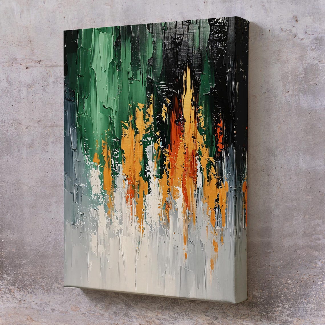 Abstract Impasto Oil Painting In Green Black Orange And White Wall Art