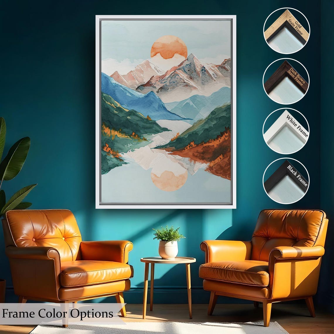 Watercolor Mountain Lake Reflection Orange Sun Serene Nature Poster - Image 2