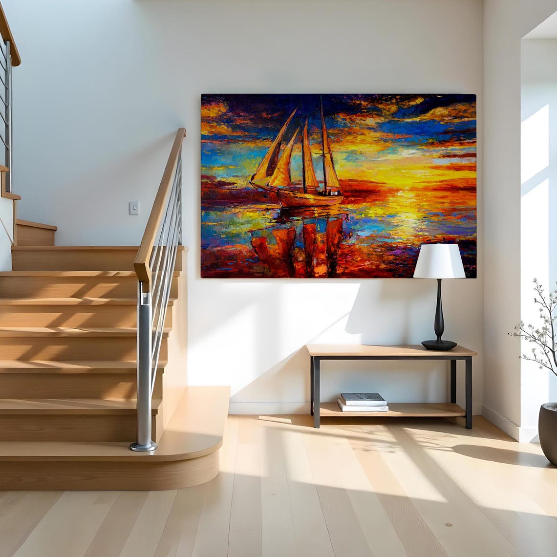 Tall Ship Sailing Fiery Orange Sunset Ocean Reflection Art Poster - Image 2