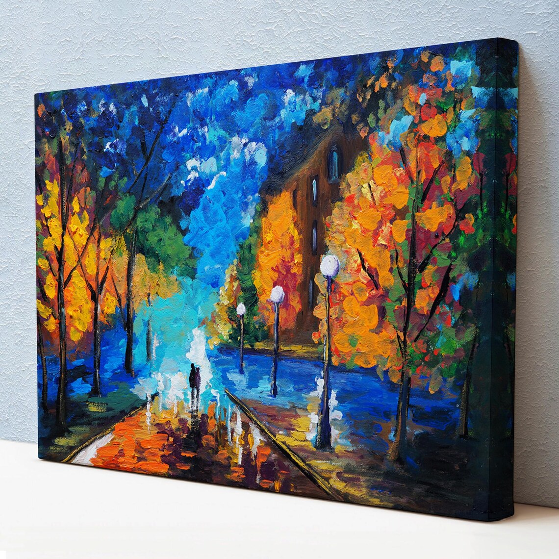 Couple Walking At Night Autumn Street Lamps Colorful Fall Trees Poster
