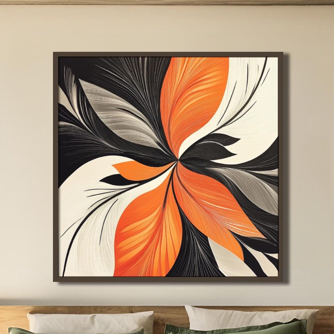 Bold Orange Black Beige Abstract Petal Swirl Modern Art Poster