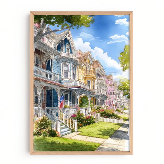 Cape May Victorian Houses Watercolor New Jersey Beach Town Street Poster