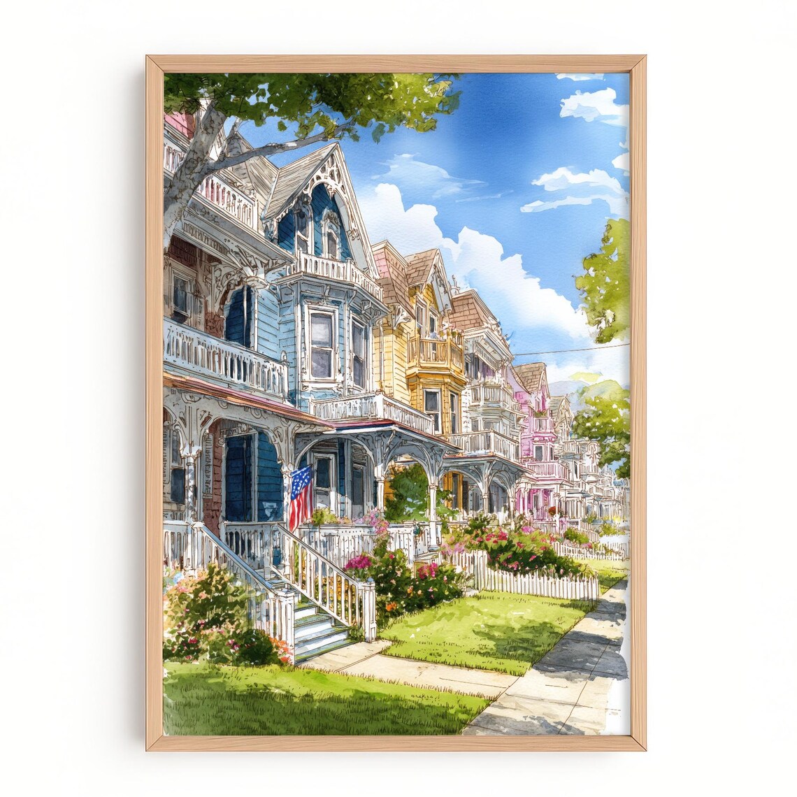 Cape May Victorian Houses Watercolor New Jersey Beach Town Street Poster
