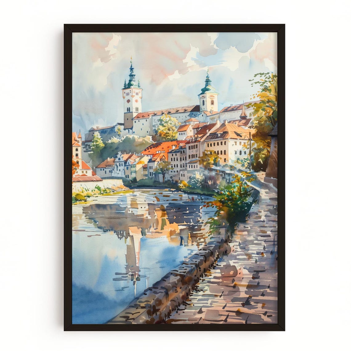 Cesky Krumlov Old Town River Watercolor Czech Republic Art Print