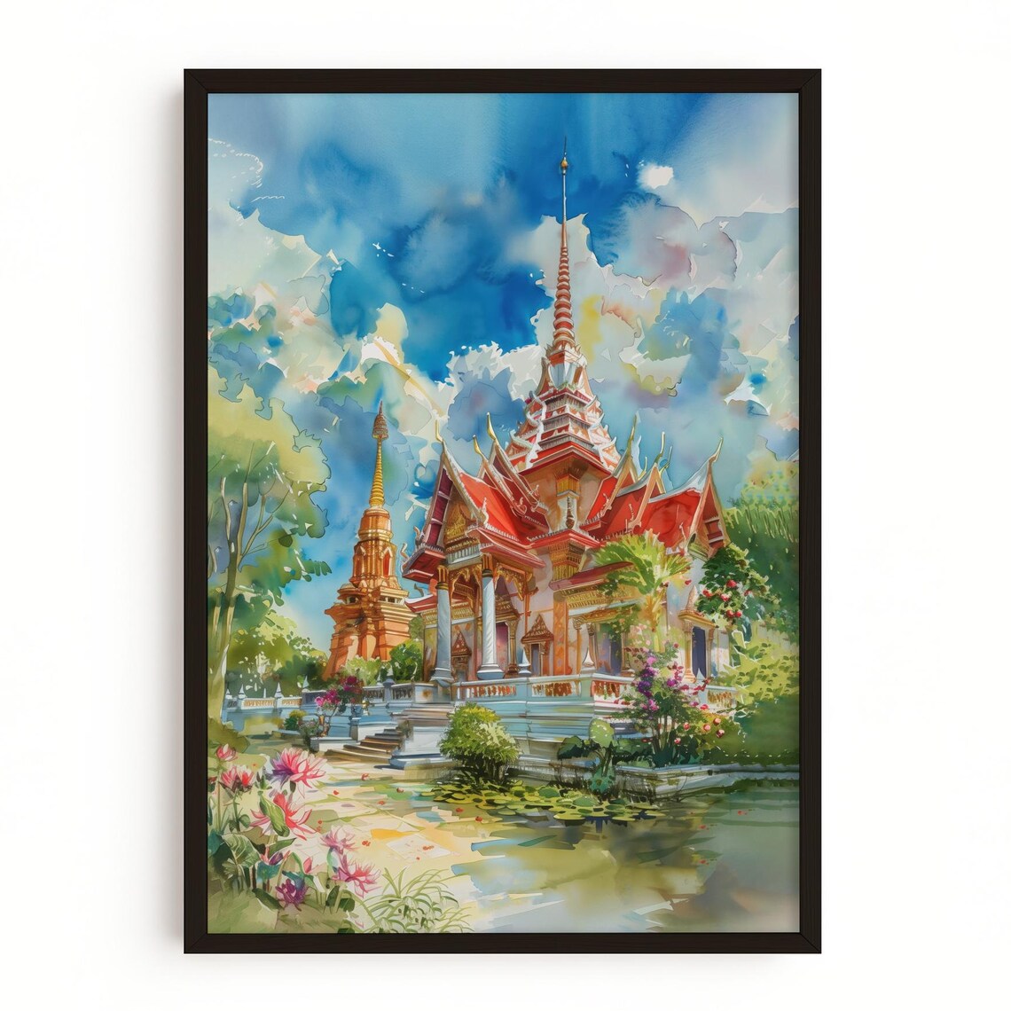 Wat Chalong Temple Phuket Thailand Watercolor Golden Temple Art Poster