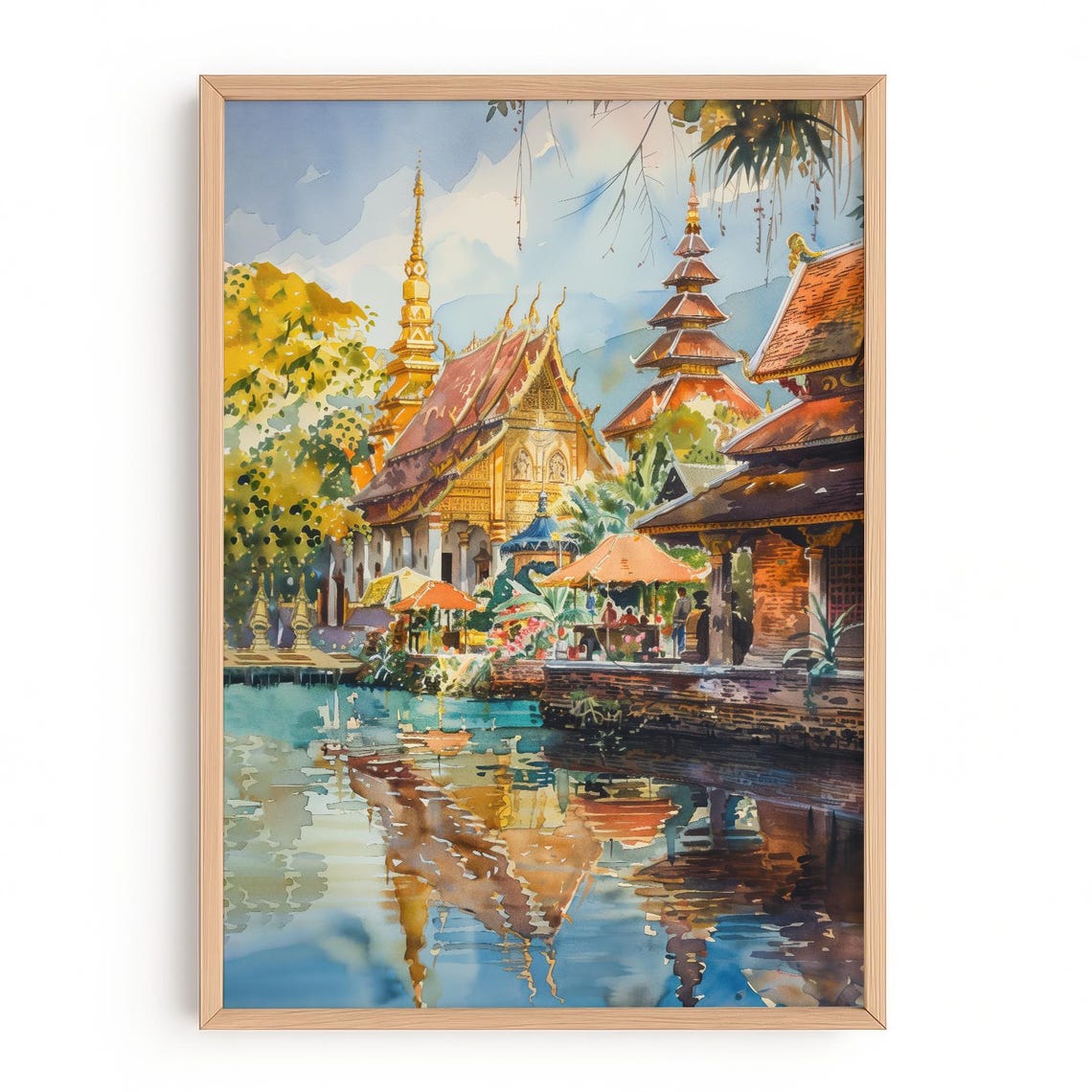 Golden Thai Temple Riverside Watercolor Poster for Travel Lovers