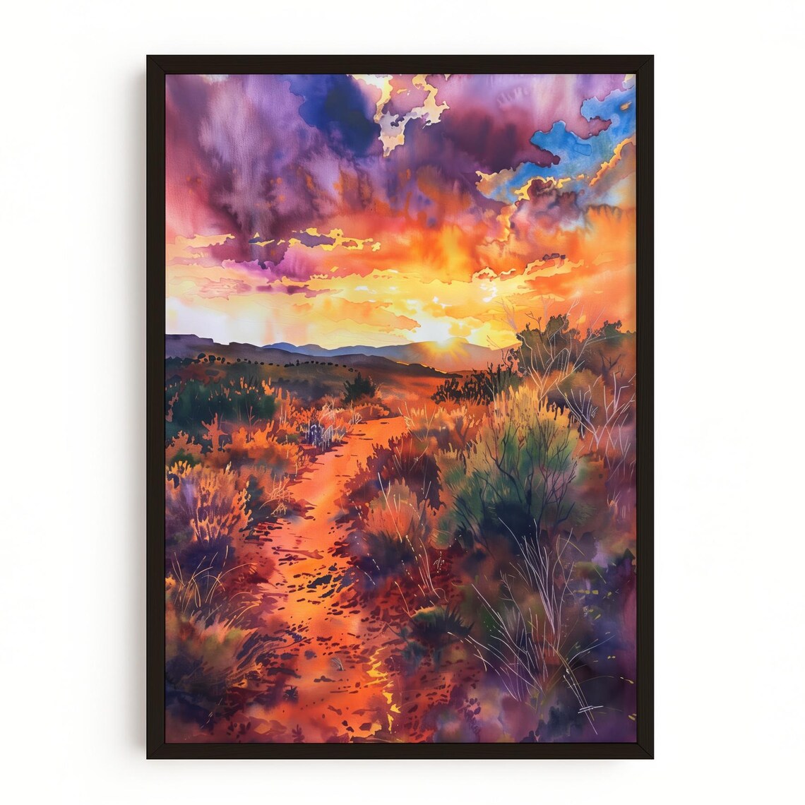 Desert Sunset Trail Watercolor Landscape Poster with Purple Sky