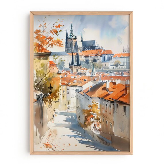 Prague Cityscape Watercolor Art Print Czech Republic Travel Decor