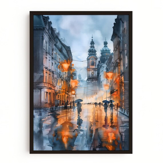 Leipzig Germany Rainy Street Print Old Town Evening Wall Art Saxony Cityscape Painting European Architecture Decor Poster