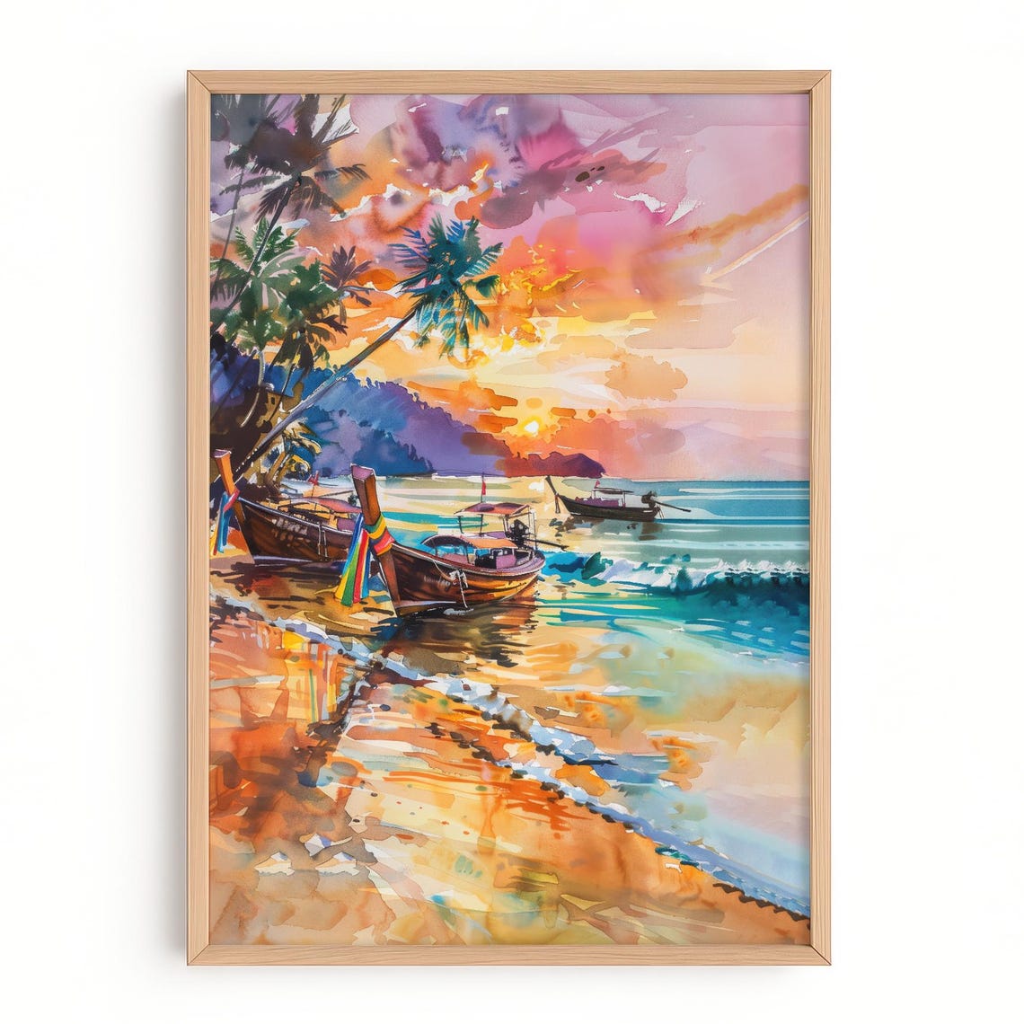 Tropical Beach Sunset Watercolor Poster with Longtail Boats Art
