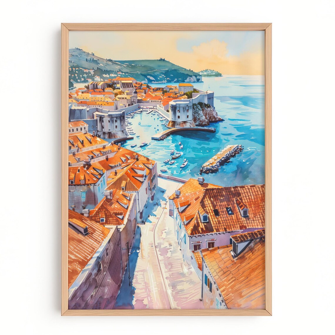 Dubrovnik Old Town Harbor Walls Adriatic Croatia Watercolor Poster