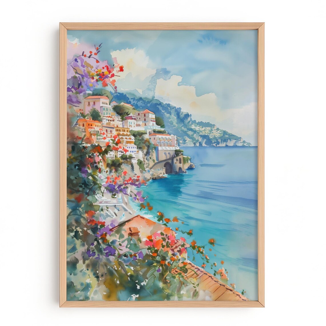 Amalfi Coast Watercolor Art Print, Italy Seaside