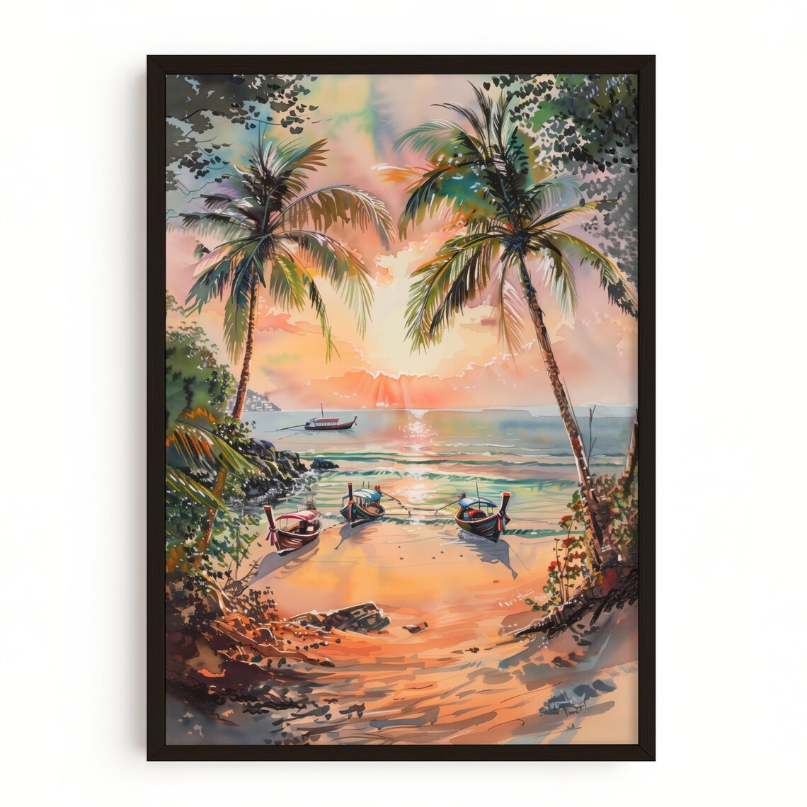 Pattaya Beach Sunset Palms Longtail Boats Thailand Watercolor Poster