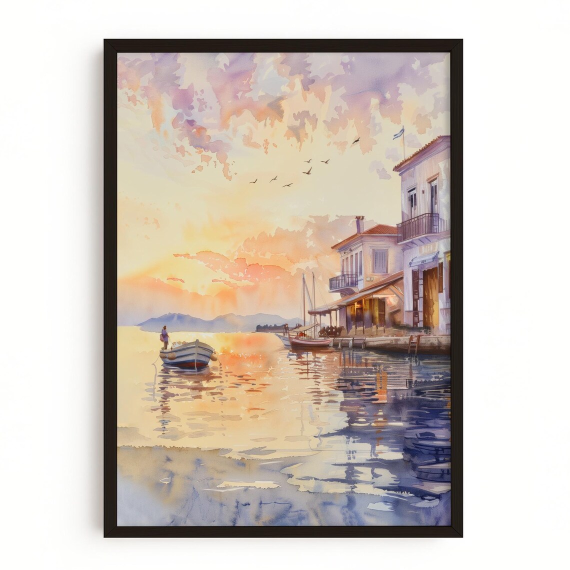 Greek Island Sunset Harbor Watercolor Boats Seaside Village Art Poster