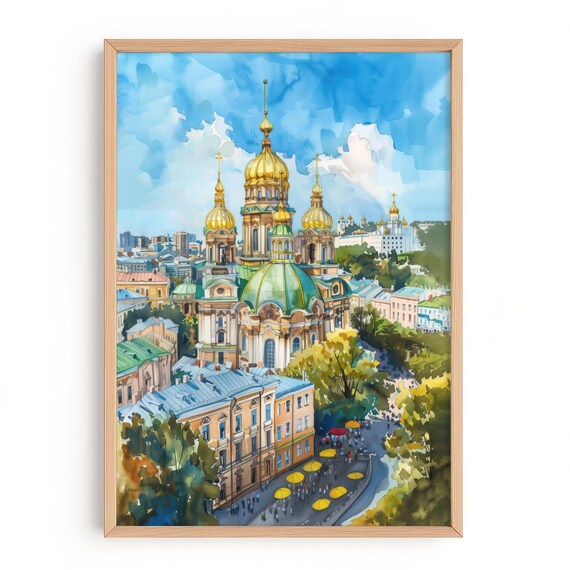 Kyiv St Andrews Church Art Print Ukraine Golden Domes Watercolor Skyline Wall Travel Poster Ukrainian Decor Gift