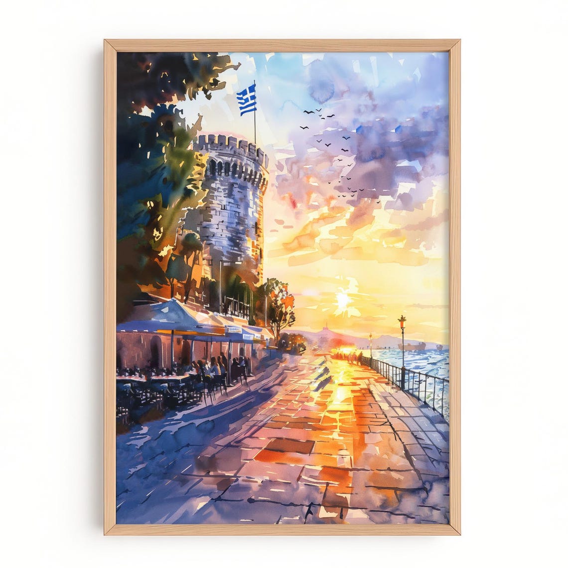 White Tower Thessaloniki Sunset Watercolor Travel Poster Greece