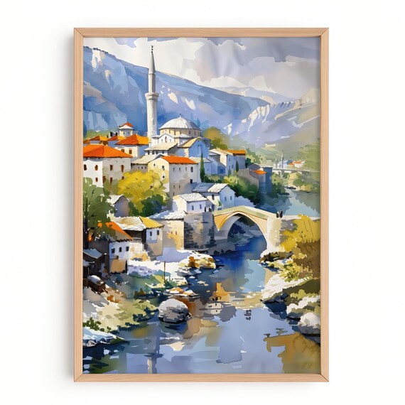 Mostar Stari Most Print Bosnia Herzegovina Wall Art Ottoman Bridge Landscape Painting Balkans Travel Decor Neretva River Cityscape