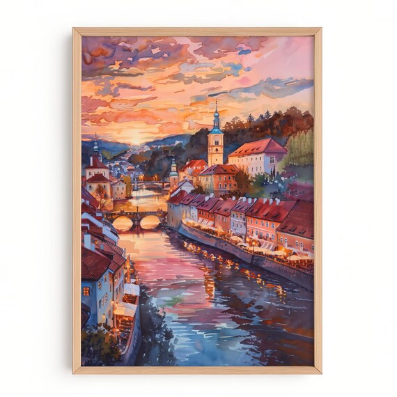 Esk Krumlov Sunset Print Czech Republic Wall Art Europe Travel Decor Historic Cityscape Painting Vltava River Night Scene Poster