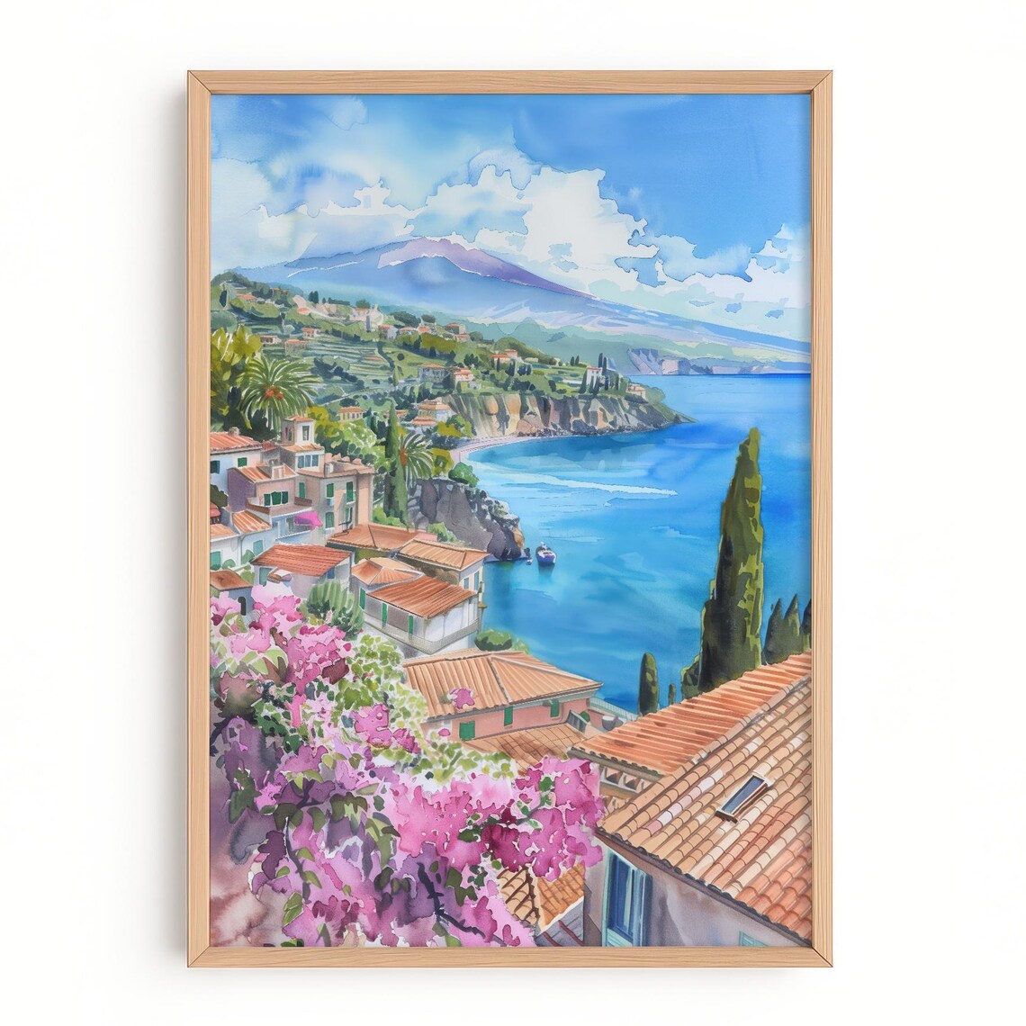 Mediterranean Coastal Town Volcano Watercolor Travel Poster Art