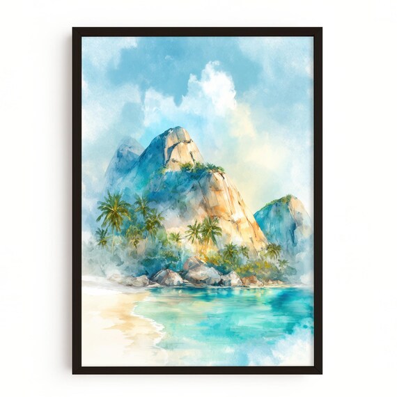 Seychelles Tropical Beach Granite Cliffs Palms Watercolor Poster