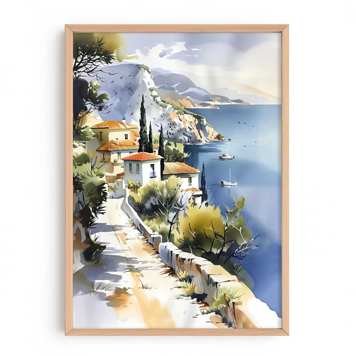 Cephalonia Greece Whitewashed Village Cliffs Watercolor Coastal Sunny Poster