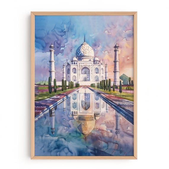 Taj Mahal Watercolor Print India Travel Poster Agra Landmark Wall Art Architecture Painting