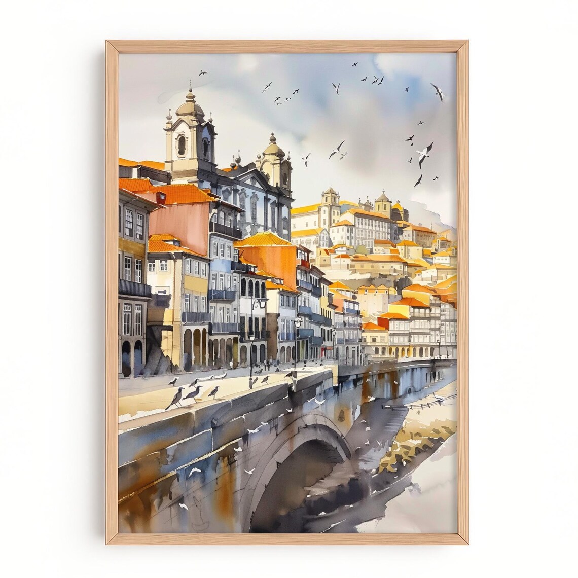 Sunlit European Riverside Old Town Watercolor Travel Poster Art
