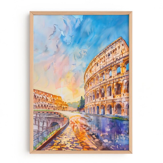 Rome Colosseum Watercolor Sunset Italy Architecture Travel Poster