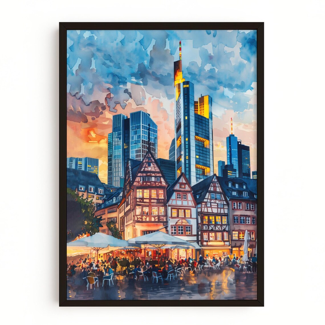 Frankfurt Romerberg Old Town Sunset Watercolor Germany Travel Poster