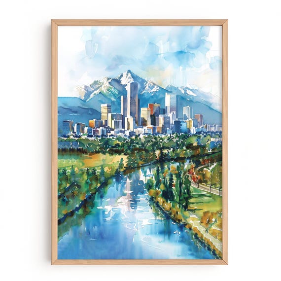 Denver Skyline Watercolor Print Colorado Cityscape Usa Wall Art Rocky Mountains Landscape Poster
