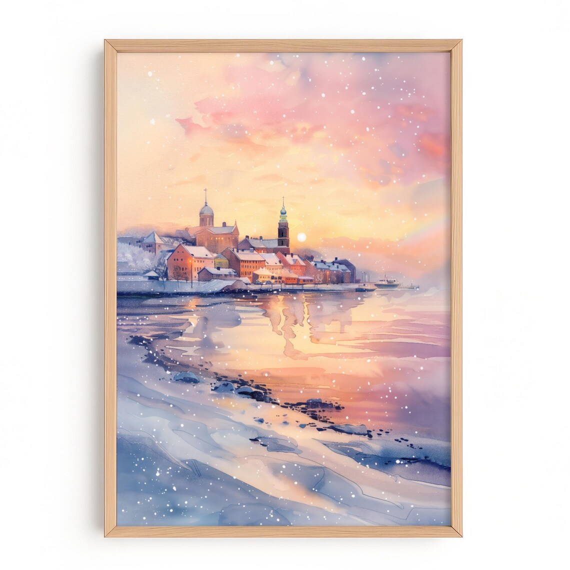 Snowy Nordic Harbor Town at Sunrise Winter Watercolor Wall Art