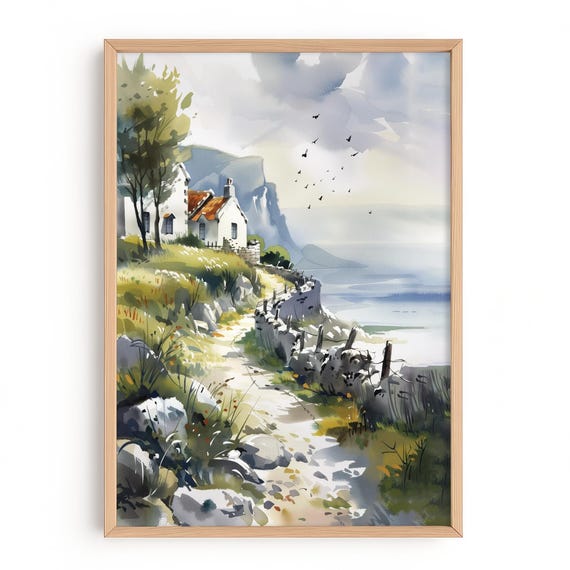 Irish Coast Watercolor Print Ireland Landscape Painting Seaside Cottage Wall Art Coastal Path Poster