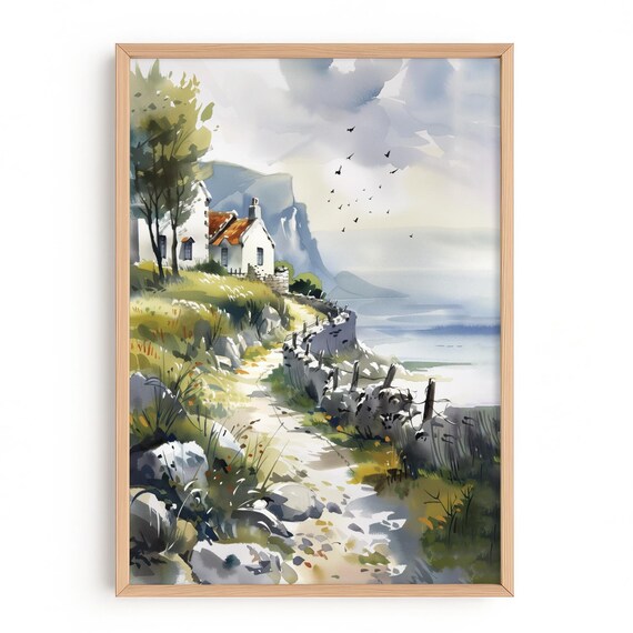 White Coastal Cottage Cliff Path Watercolor Seaside Landscape Poster