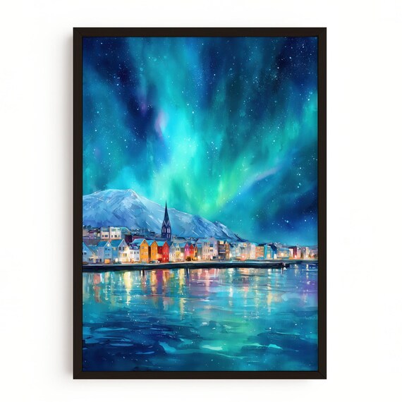Reykjavik Northern Lights Art Print, Scandinavian Landscape