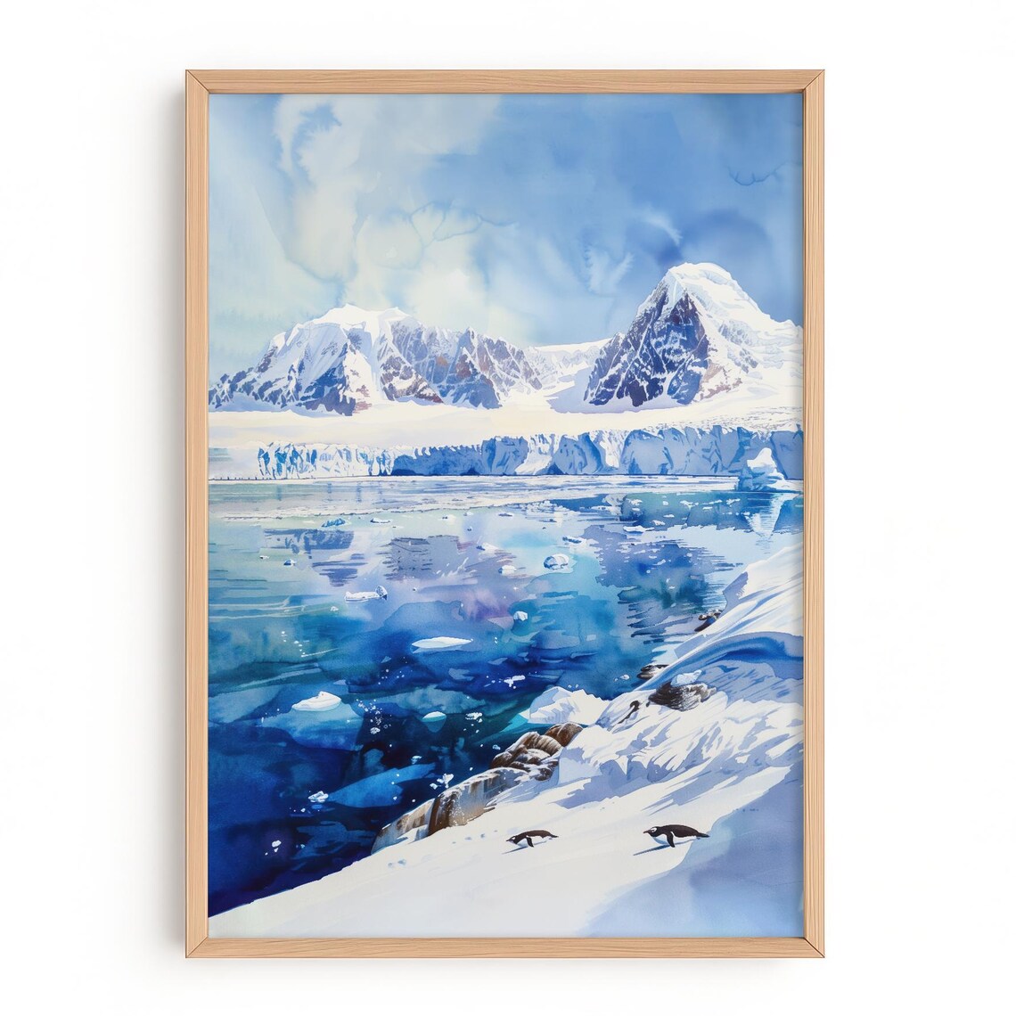 Antarctica Landscape, Penguin Watercolor Art Print