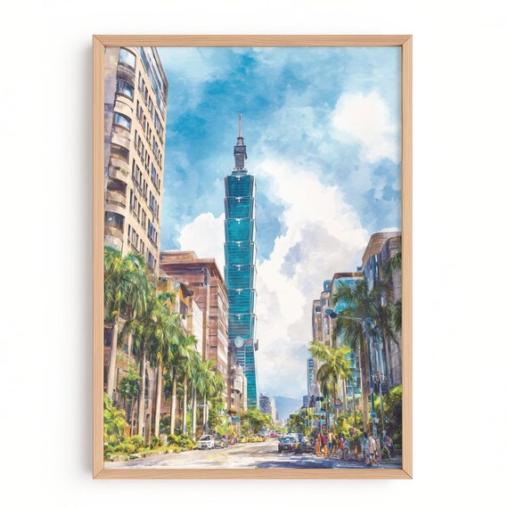Taipei 101 Print Taiwan Wall Art Cityscape Painting Modern Asia Travel Poster Skyline Architecture Decor